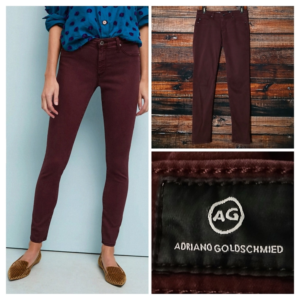 AG Adriano Goldschmied Jeans 27 The Abbey Ankle Skinny Mid Rise Burgundy Sateen